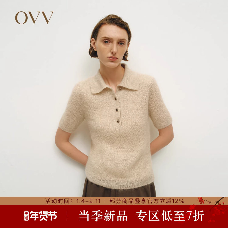 OVV秋冬热卖女装半开襟POLO领马海毛半透明短袖针织衫