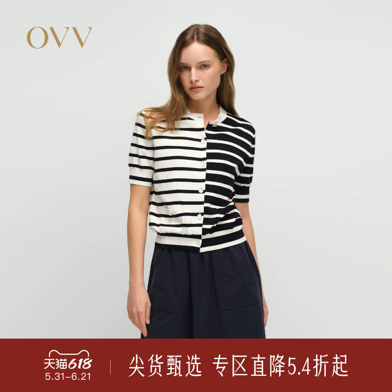 OVV春夏新款女装不对称海军风航海条纹圆领短袖休闲针织衫