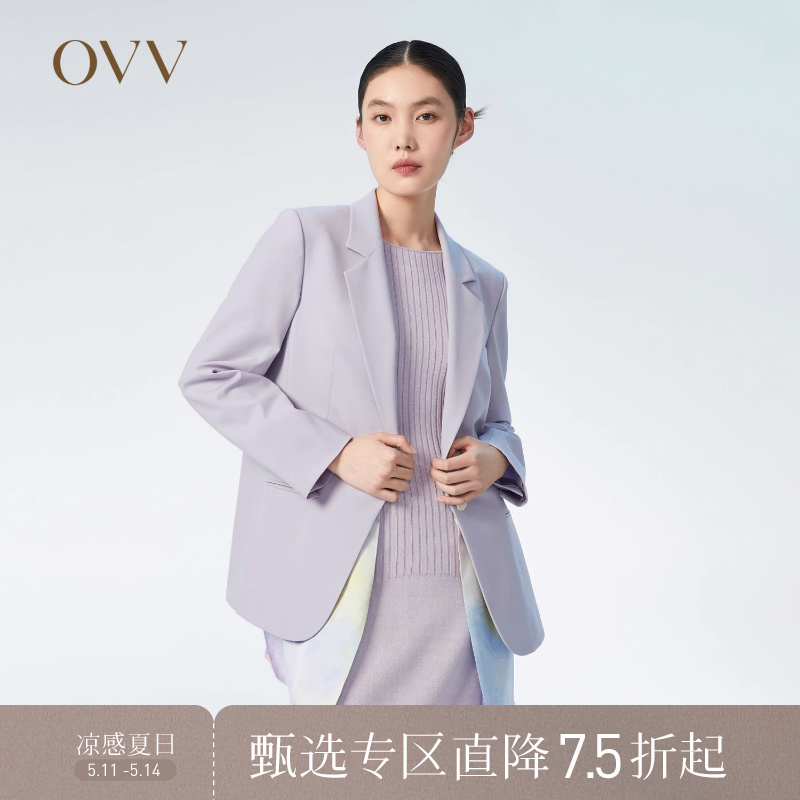 OVV春夏热卖女装精纺羊毛侧开衩印花拼接时尚休闲西服外套