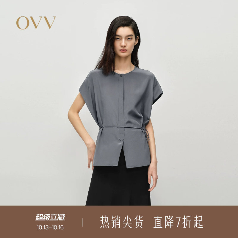 OVV春夏热卖女装16姆米双绉真丝圆领短袖休闲衬衫