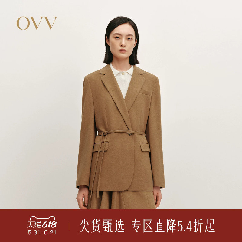 OVV秋冬热卖女装平驳领针织羊毛随附腰带休闲西服外套