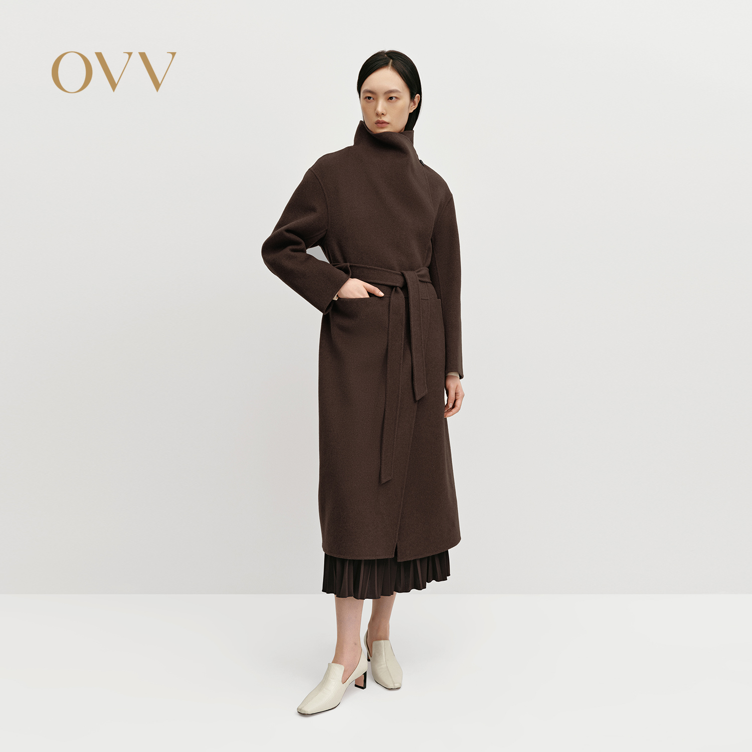 OVV秋冬热卖女装时尚大翻领随附腰带羊毛双面呢大衣