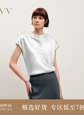 OVV2025秋冬新款女装优雅光泽感醋酸大气荡领短袖上衣