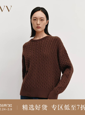 OVV秋冬热卖女装复古立体麻花竖条纹圆领保暖轻盈羊绒衫