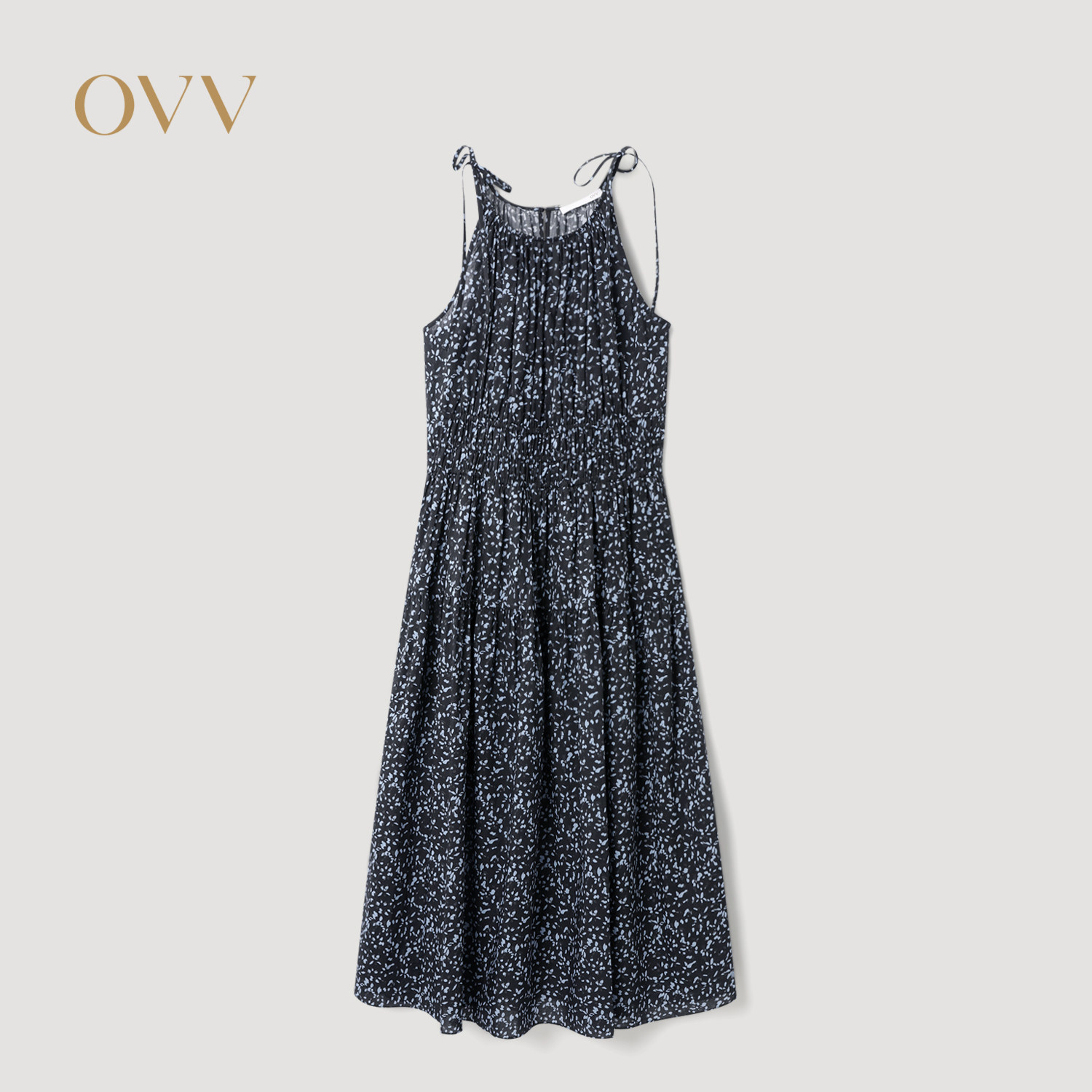OVV2026春夏新款女装肩部绑带印花设计无袖吊带连衣裙