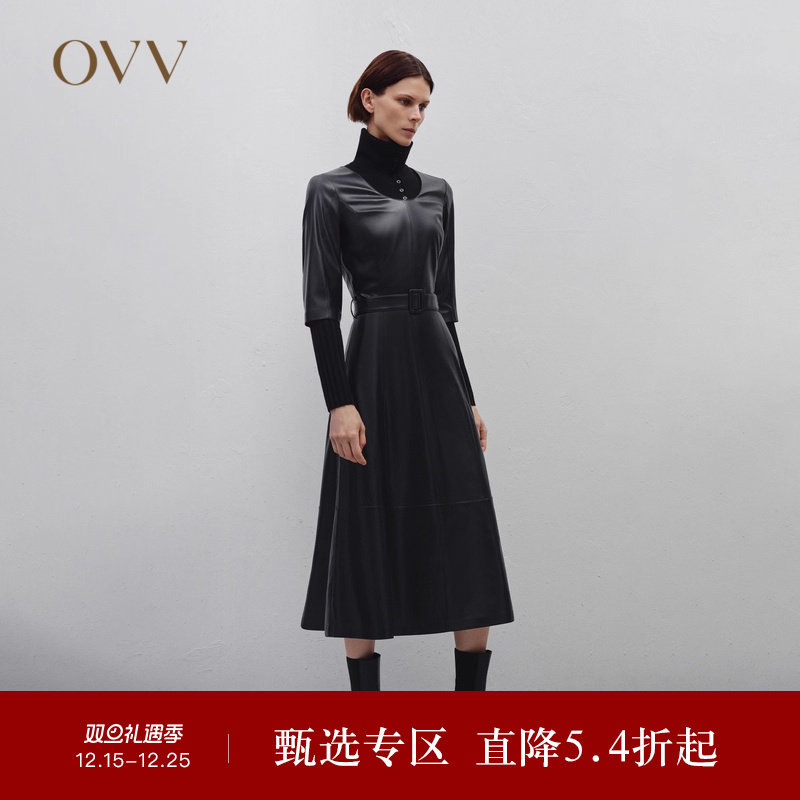 OVV秋冬新款女装U领中袖随附腰带中长款小黑裙连衣裙