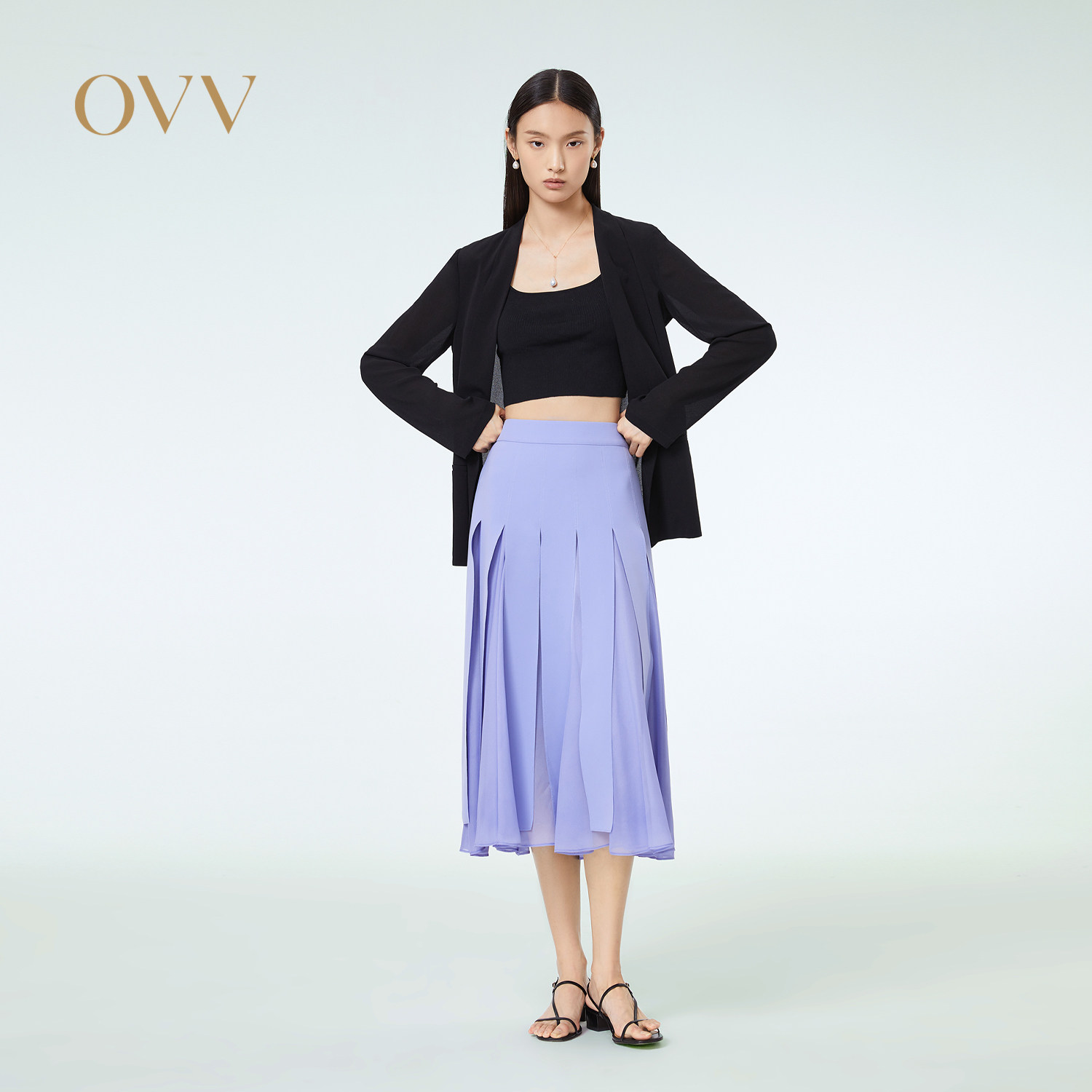 【呼呼专享】OVV春夏新款女装轻透薄纱拼接A字百褶个性时尚半身裙