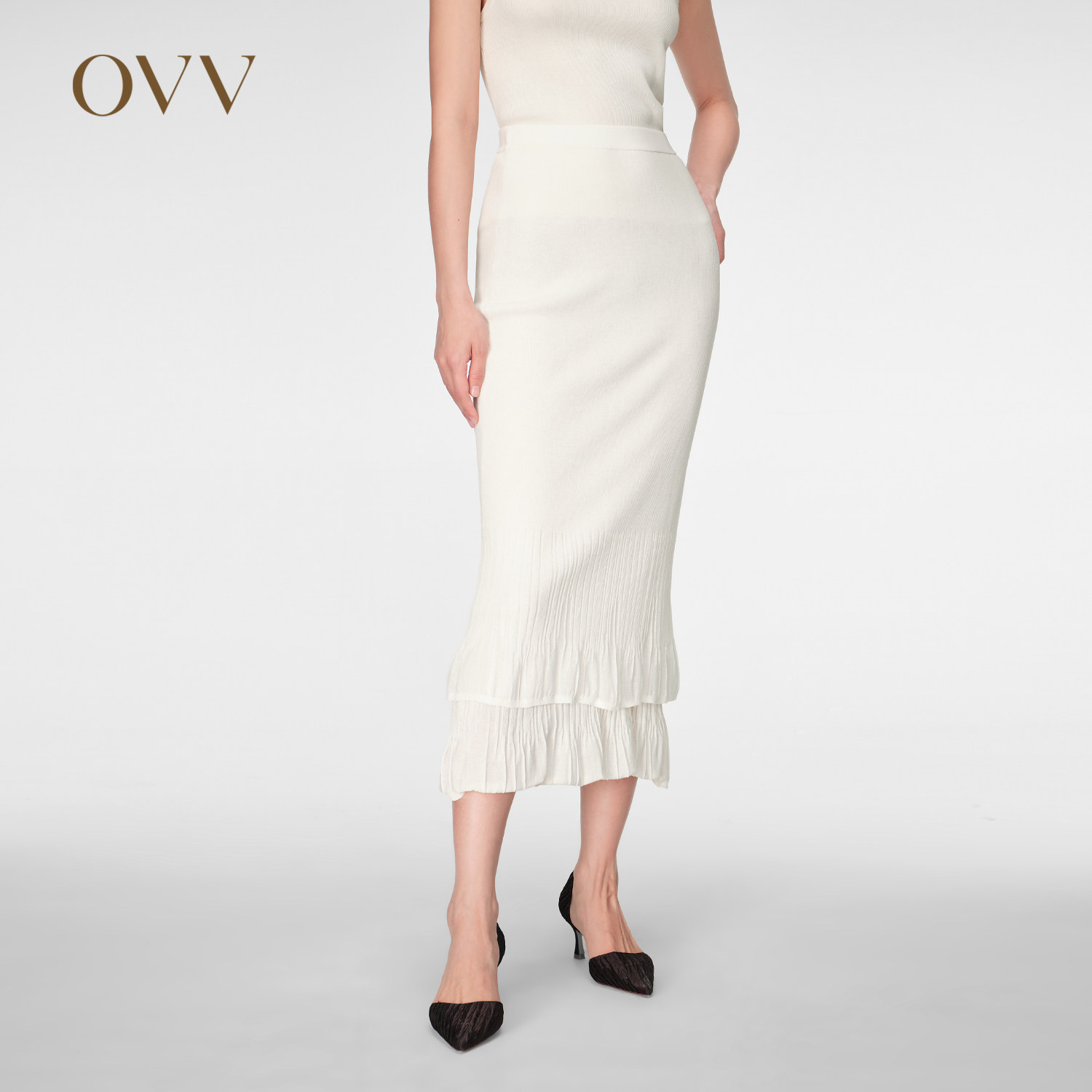 OVV春夏热卖女装舒适棉质修身双层鱼尾针织半身裙