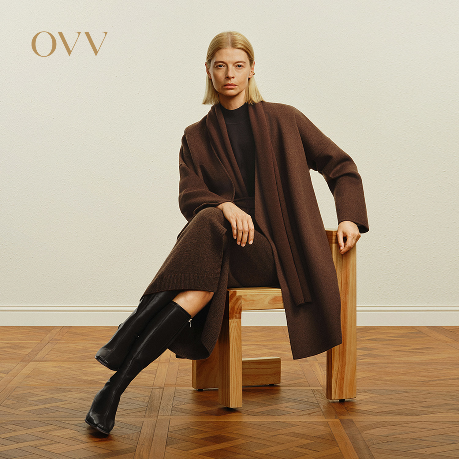 OVV秋冬热卖女装简约随附腰带围巾保暖羊毛双面呢大衣