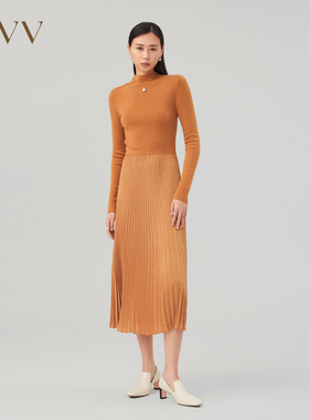 OVV秋冬新款半高领拼接梭织百褶休闲长袖