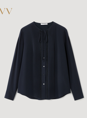 OVV2026春夏新款女装三醋酸面料圆领蕾丝花边长袖上衣衬衫