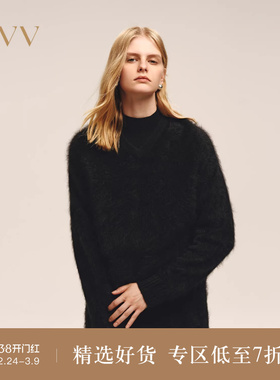 OVV2025秋冬新款女装优雅大气V领拉绒工艺长袖羊绒衫