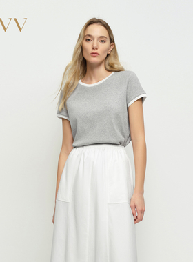 OVV2025春夏新款女装淡人撞色镶边高级圆领宽松休闲短袖T恤