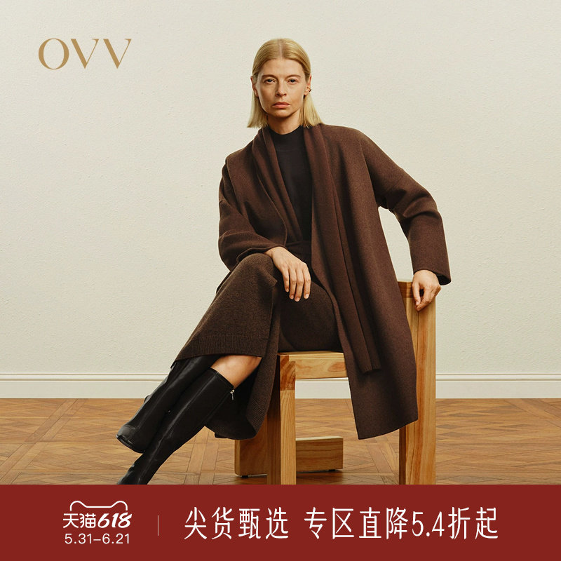 OVV秋冬热卖女装简约随附腰带围巾保暖羊毛双面呢大衣