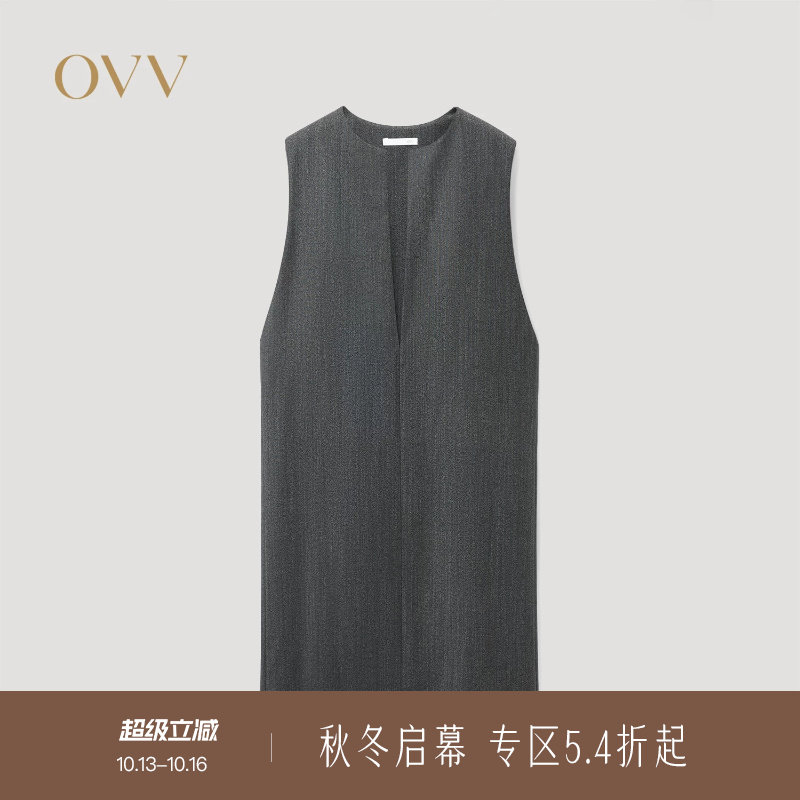 OVV秋冬热卖女装后开衩设计舒适深V直筒无袖连衣裙