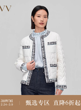OVV秋冬新款女装圆领特殊绗线拼边粗花呢羽绒服外套