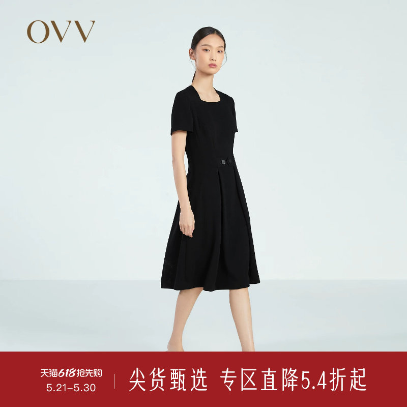 OVV春夏热卖女装十字纹醋酸复古优雅方领小黑裙短袖连衣裙