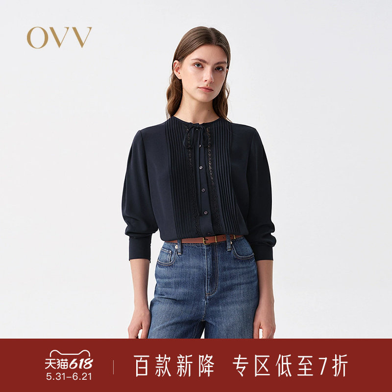 OVV2026春夏新款女装三醋酸面料圆领蕾丝花边长袖上衣衬衫