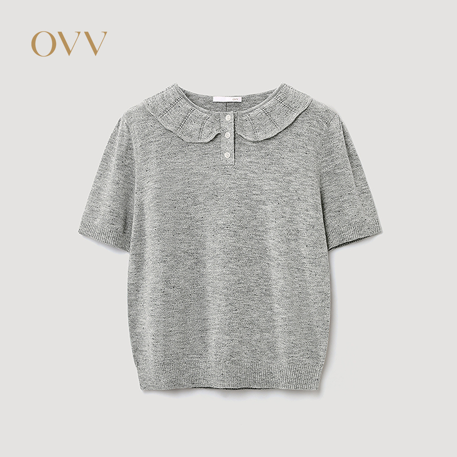 OVV2026秋冬新款女装镂空荷叶领优雅休闲短袖针织衫