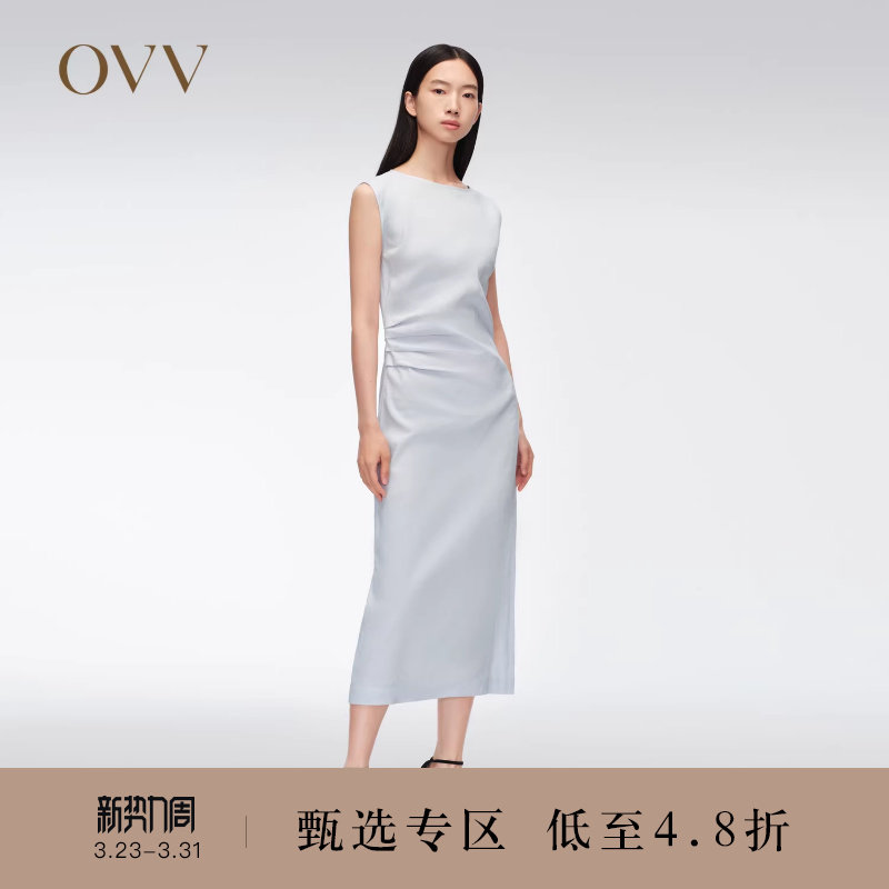 春夏热卖女装一字领干爽透气亚麻混纺无袖连衣裙