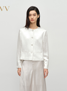 OVV2025春夏新款女装淡人醋酸面料圆领经典直筒夹克休闲外套