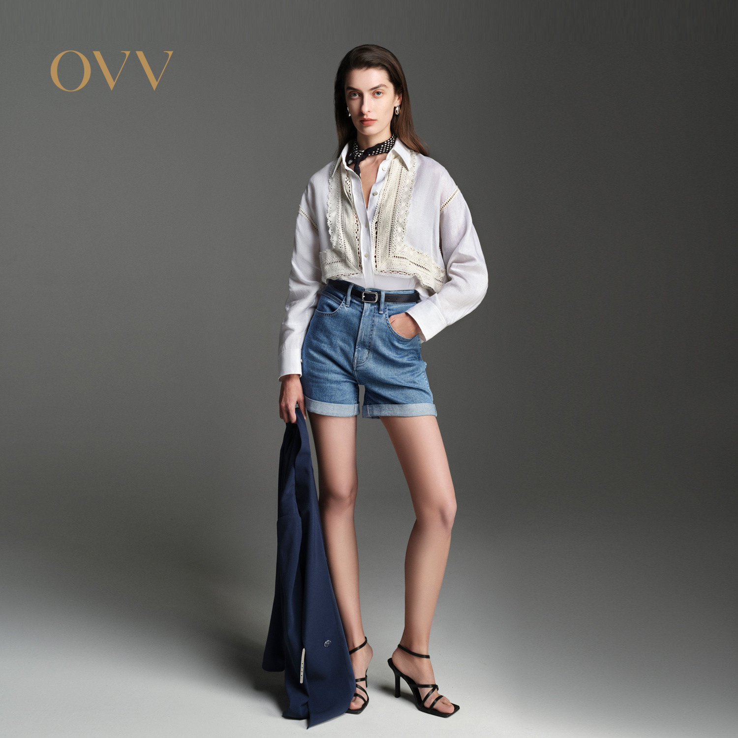 【呼呼专享】OVV春夏新女装意大利进口面料高腰修身翻边牛仔短裤