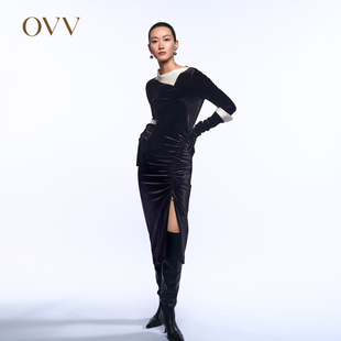 长款 醋酸丝绒单边抽绳设计六分袖 连衣裙 女装 OVV秋冬新款
