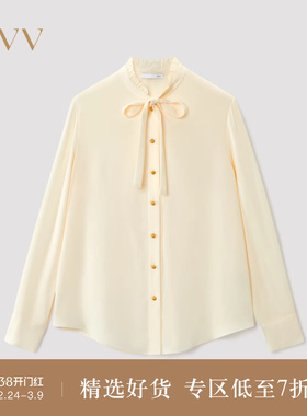 OVV2025秋冬新款女装立体木耳褶皱优雅飘带领长袖休闲衬衫