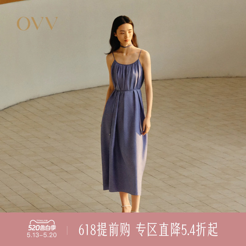 OVV春夏新款女装18MM斜纹真丝仿牛仔印花吊带连衣裙