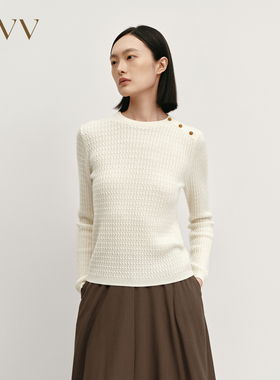 OVV秋冬热卖女装复古立体绞花圆领纽扣开合长袖羊绒衫