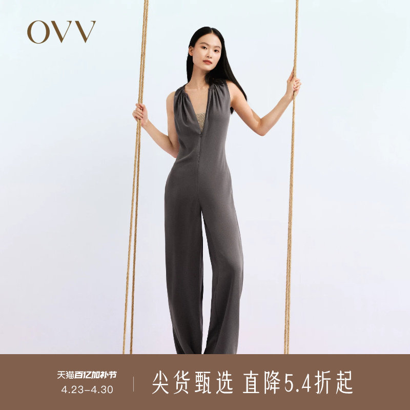 OVV春夏热卖女装醋酸舒适透气收腰无袖挂脖垂坠连体裤