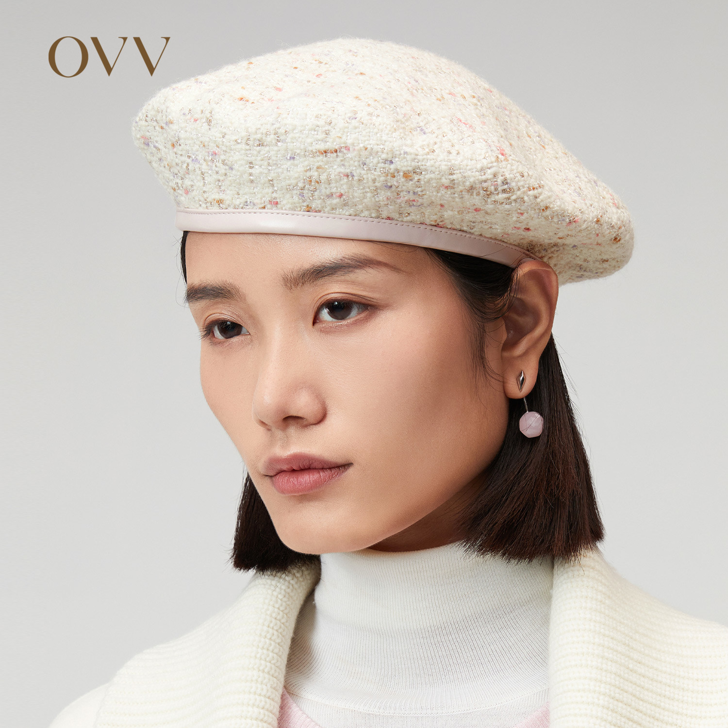 OVV秋冬新款经典粗花呢蝴蝶结装饰贝雷帽