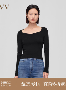 OVV秋冬新款女装羊毛混纺钻石领弹力修身套头长袖针织衫