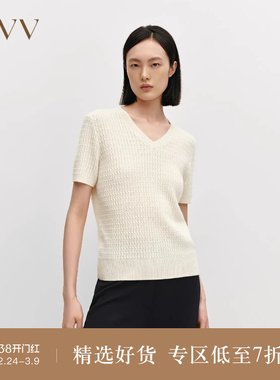 OVV秋冬热卖女装复古立体绞花短袖V领康赛妮羊绒衫