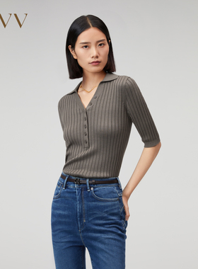 OVV秋冬新款女装丝棉混纺POLO领罗纹修身中袖针织衫