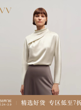OVV2025秋冬新款女装日本进口三醋酸不对称卷褶领长袖上衣