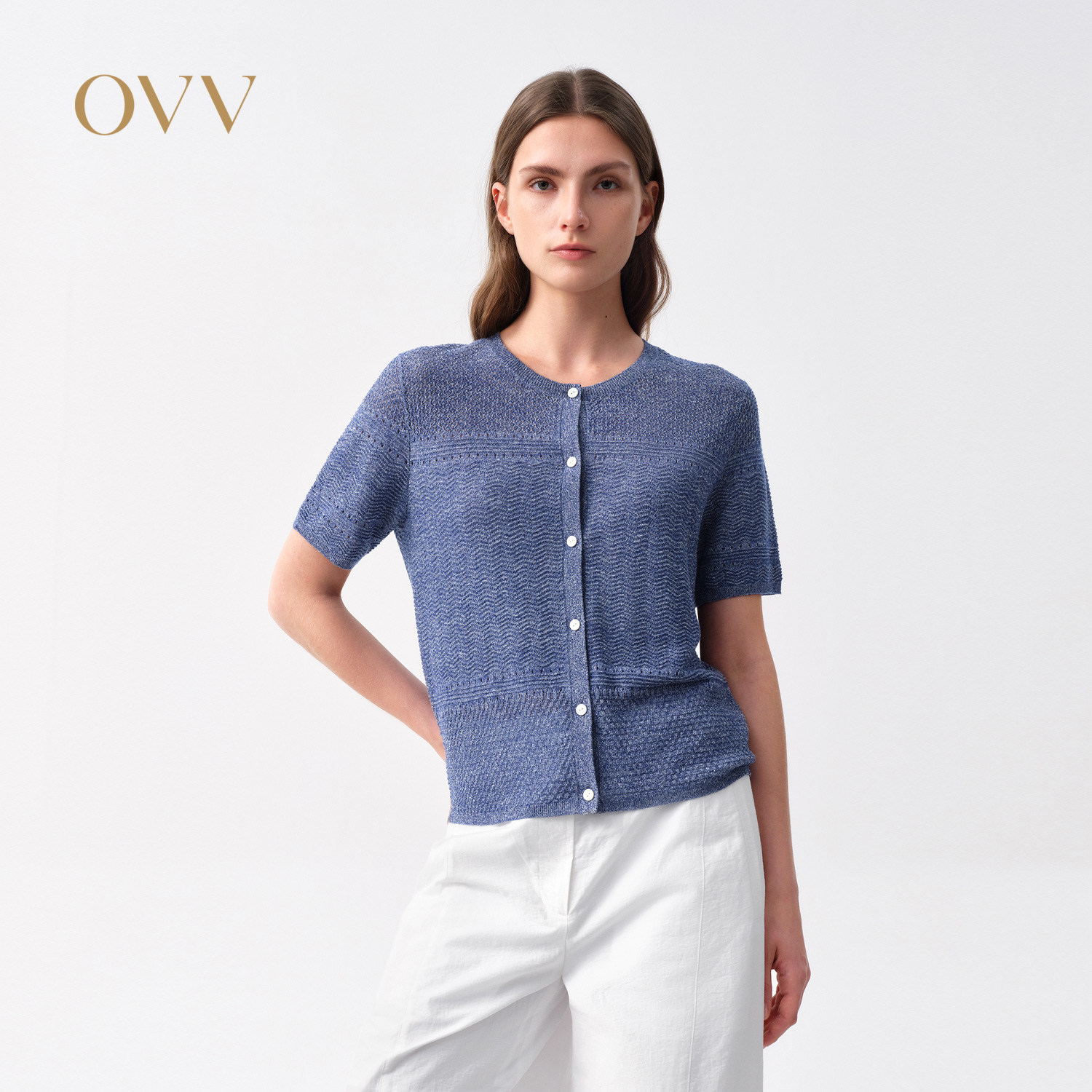 OVV2026春夏新款女装羊毛亚麻混纺经典休闲短袖针织衫