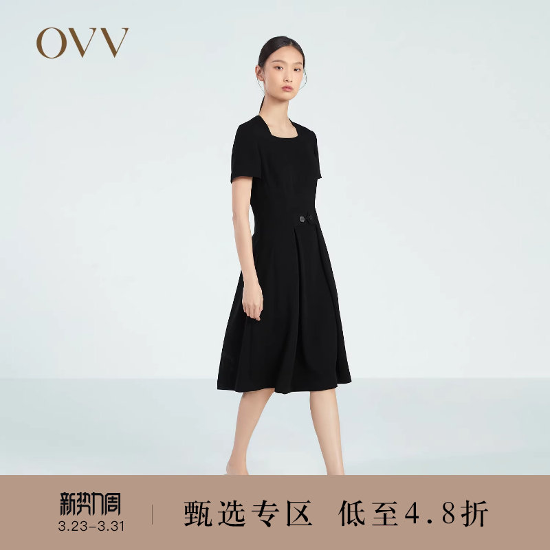 OVV春夏热卖女装十字纹醋酸复古优雅方领小黑裙短袖连衣裙