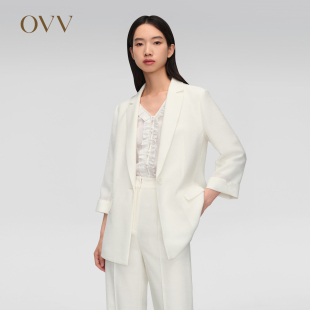 女装 OVV2024春夏新款 平驳领修身 七分袖 翻边干练休闲西服外套