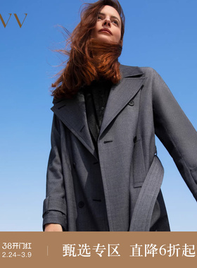 OVV秋冬新款女装仿牛仔羊毛面料双排扣经典休闲长款风衣