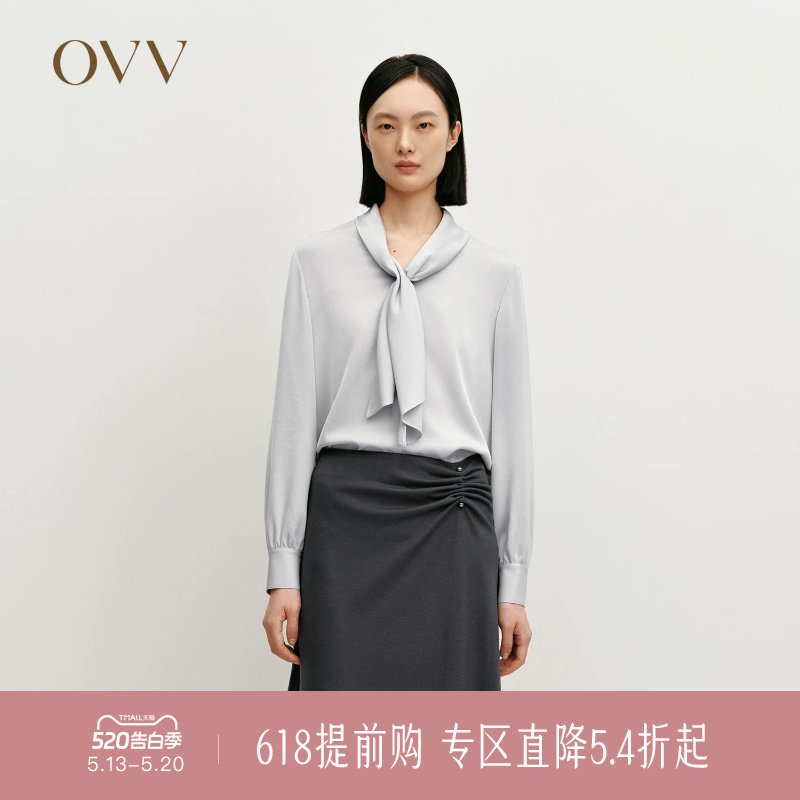 OVV秋冬热卖女装缎面醋酸V领飘带长袖休闲衬衫上衣