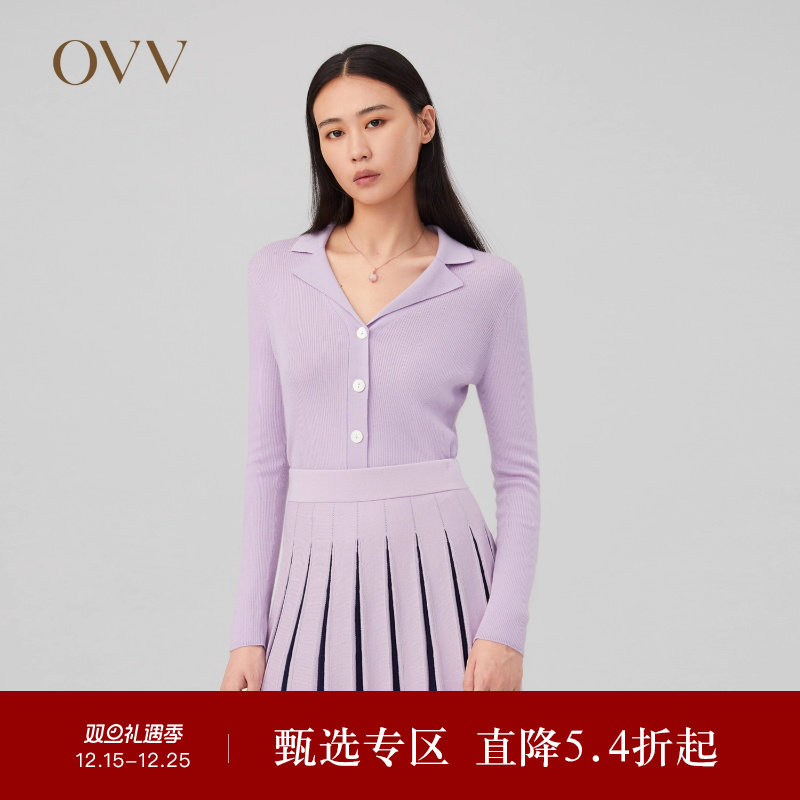 OVV秋冬新款女装丝羊绒西装领修身休闲通勤长袖针织开衫
