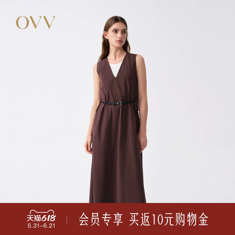 OVV2026春夏新款女装撞色PU腰带休闲V领无袖连衣裙