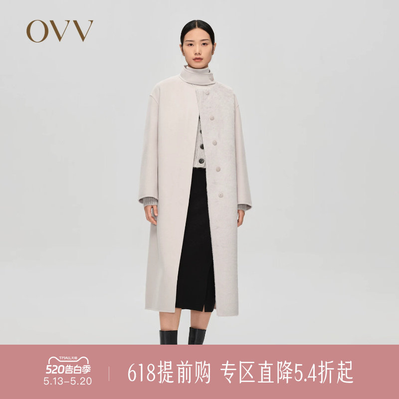 OVV秋冬新款女装羊毛双面呢拼环保皮草配腰带长款大衣