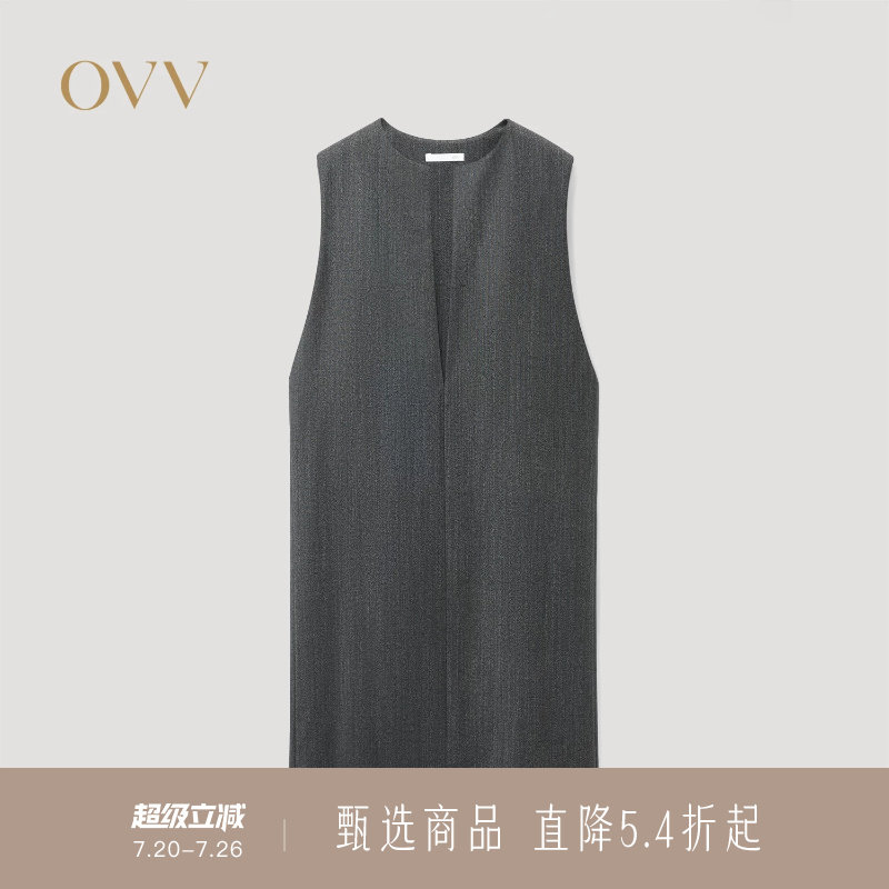 OVV秋冬新款女装后开衩设计舒适深V直筒无袖连衣裙