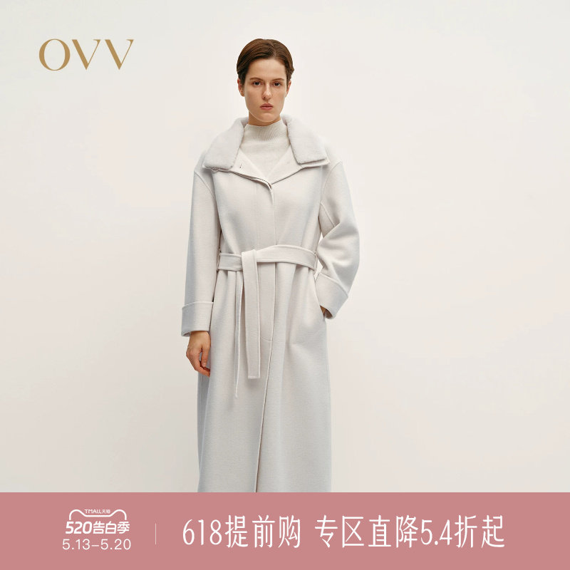 OVV秋冬热卖女装毛领设计随附腰带羊毛双面呢大衣
