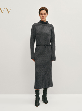 OVV秋冬热卖女装高领针织随附腰带舒适长袖羊毛连衣裙