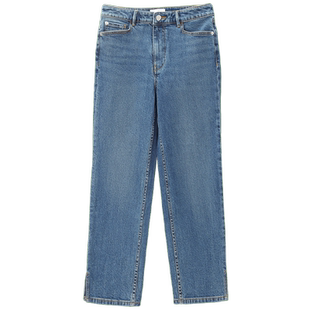 OVV秋冬新款女装意大利进口棉质面料中腰直筒开衩牛仔裤