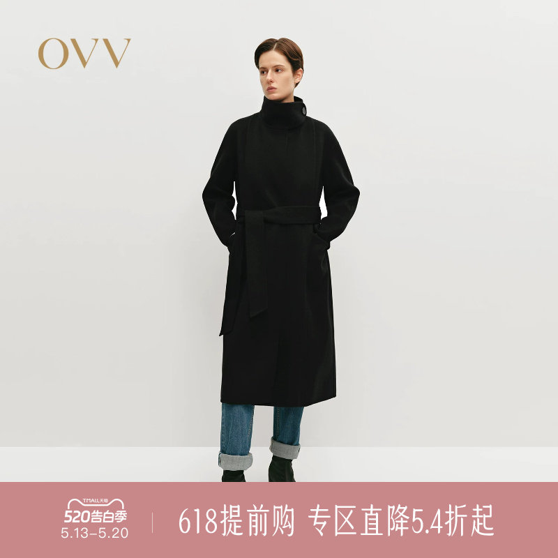OVV秋冬热卖女装立领设计随附腰带中长羊毛双面呢大衣