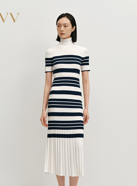 OVV秋冬热卖女装经典横条纹高领长袖羊毛针织连衣裙